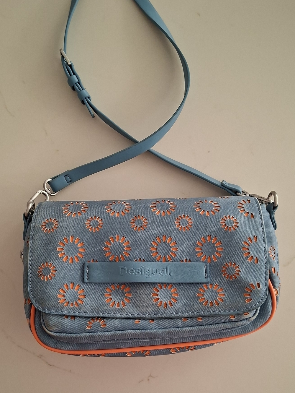 Desigual Boho Blue & Orange Floral Cut-out Multi-pocket Cross-body Bag
